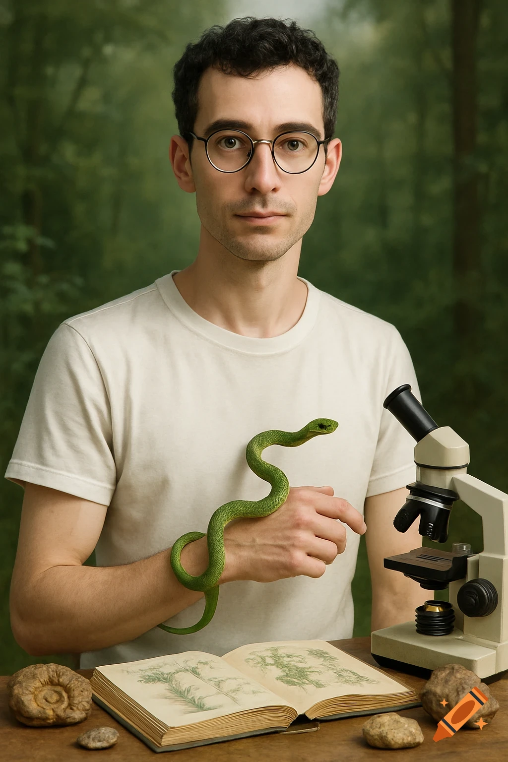 Photorealistic portrait of a man with glasses, holding a green snake, at a desk with science books, microscope, and fossils, against a forest background.
