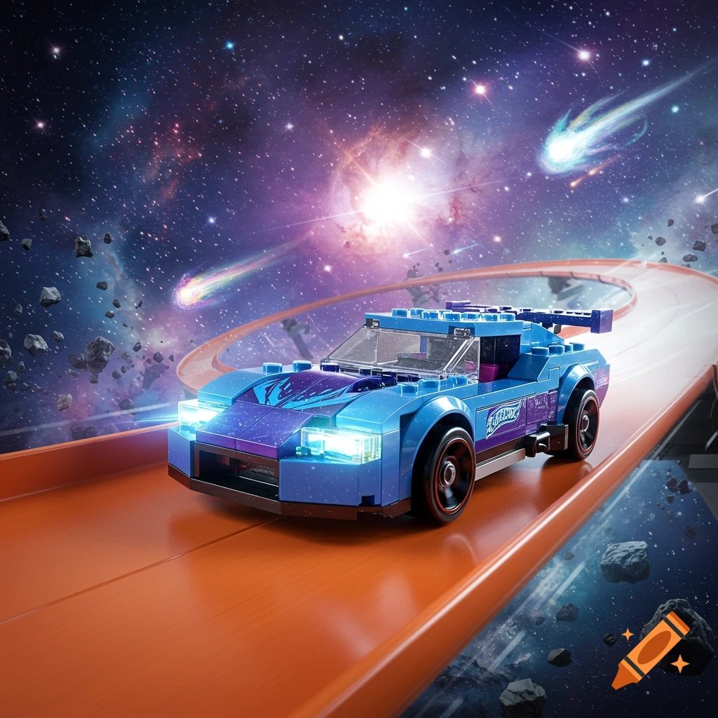A blue Lego Hot Wheels car with glowing headlights races on an orange track through a vibrant galaxy with comets and asteroids.
