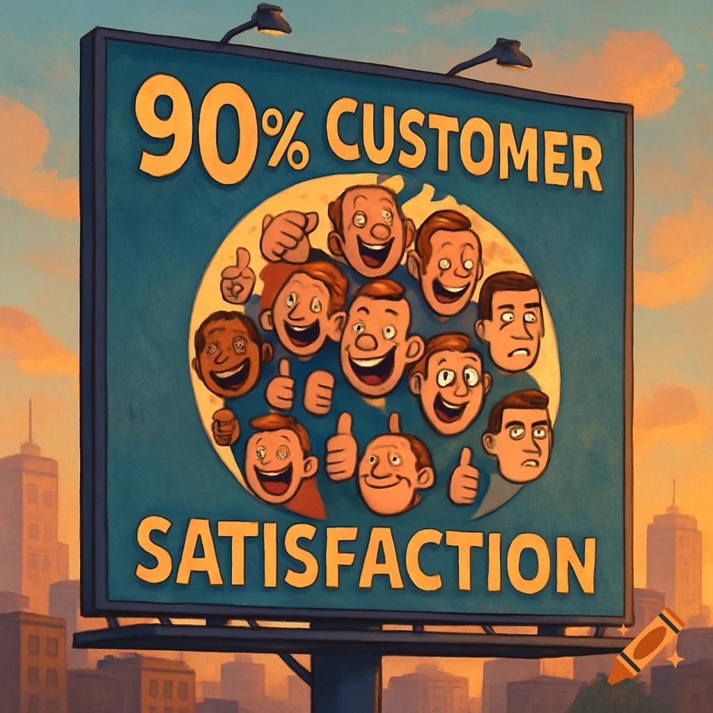 A stylized cartoon billboard advertises '90% CUSTOMER SATISFACTION' with a crowd of smiling and some distressed faces giving thumbs up in a cityscape at sunset.