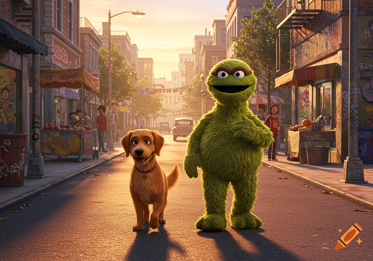Oscar the Grouch and a golden retriever dog walk down a sunlit, bustling urban street in CGI animation.