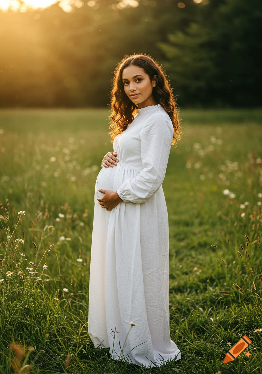 A beautiful pregnant woman with wavy hair in a white dress gently holds her belly in a sunlit grassy field at golden hour.
