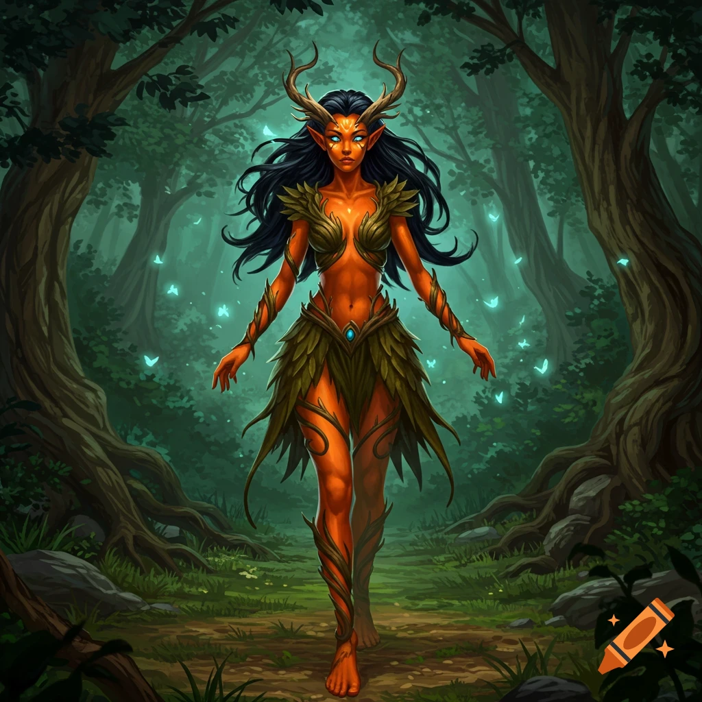 An orange-skinned female druid with horns and glowing blue eyes walks through a mystical forest with glowing blue butterflies.