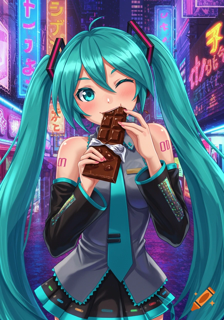 Anime character Hatsune Miku winks while eating a chocolate bar in front of a cyberpunk city background with neon signs.