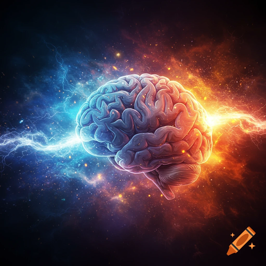 A glowing, stylized human brain with blue and orange lightning bolts and cosmic dust radiating from it against a dark, starry background.