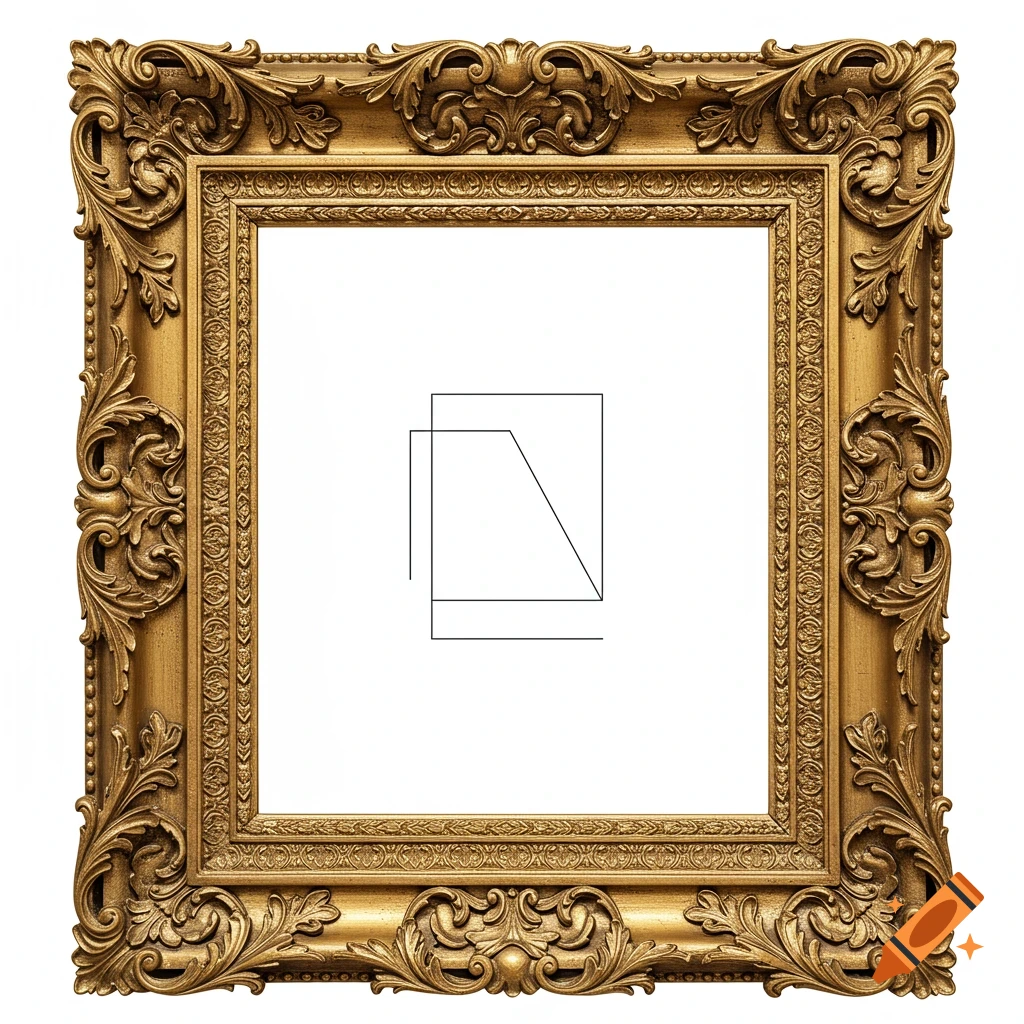 Ornate golden antique picture frame with intricate carvings, containing simple black line drawings of a square and a trapezoid on white.