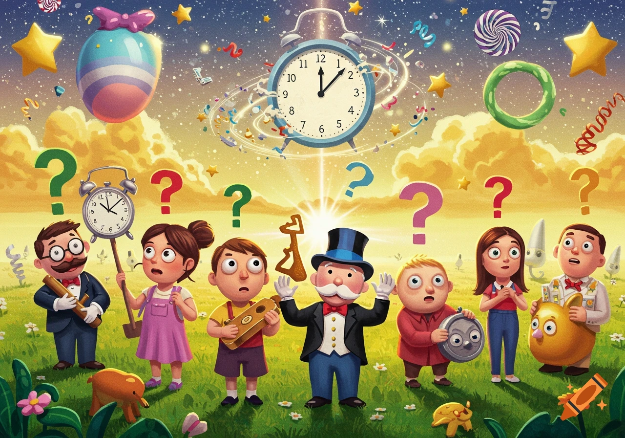 Whimsical cartoon characters, including a Monopoly-like man, in a grassy field under a starry sky with floating clocks and question marks.