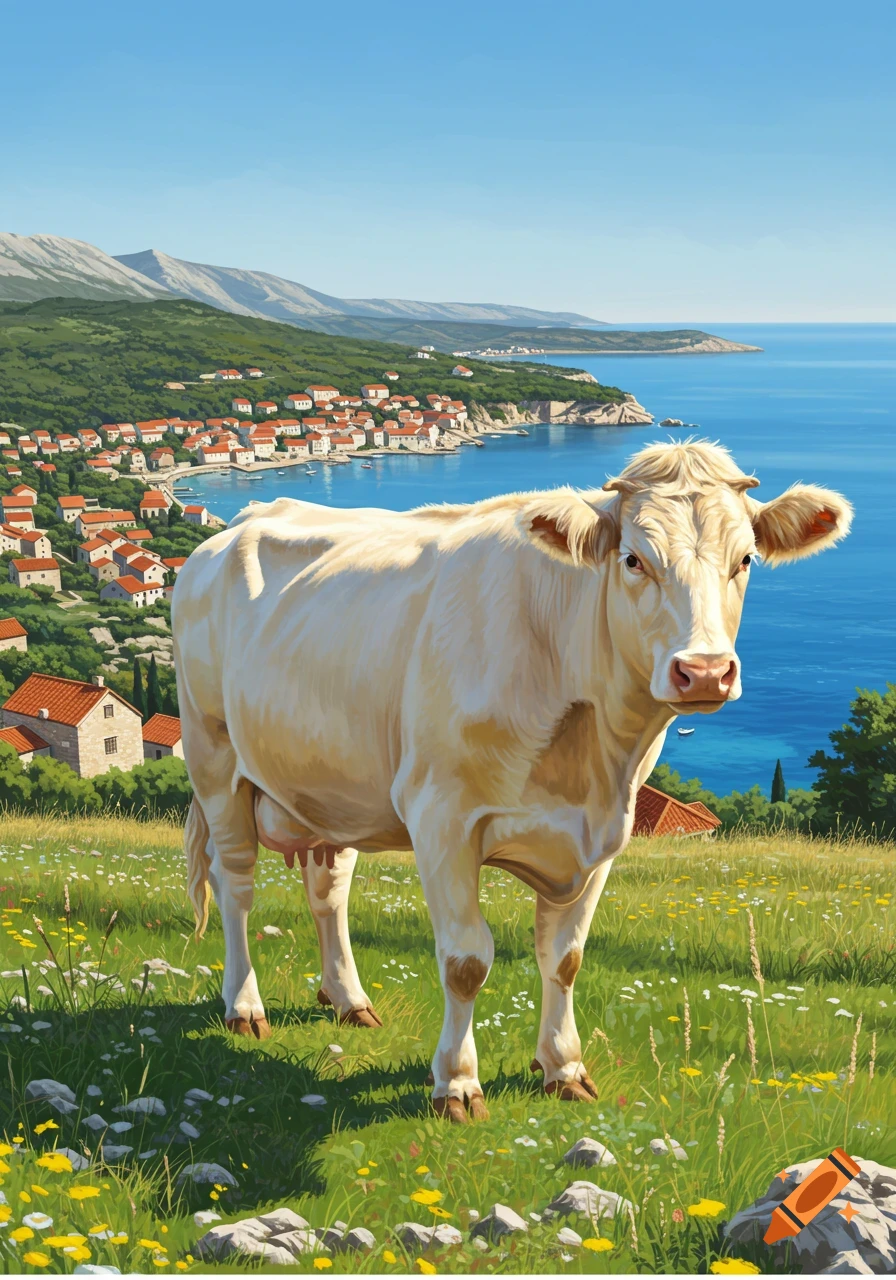 A light-colored cow stands in a flowery meadow overlooking a coastal village, blue sea, and mountains under a clear sky in an illustrative style.