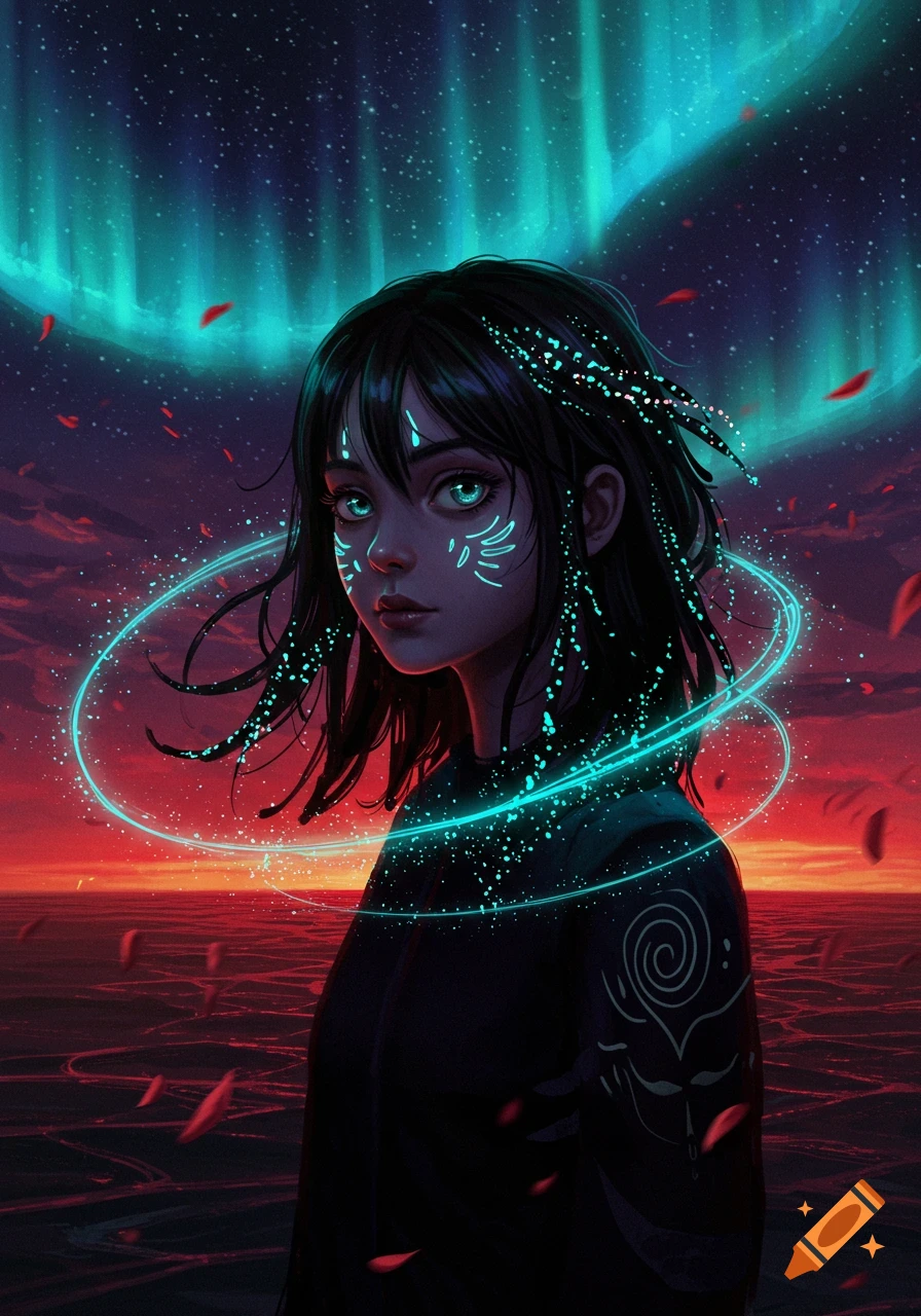 A dark-haired woman with glowing blue tribal marks on her face and bright eyes stands under a starry night sky with a vibrant aurora, facing a red-orange horizon with glowing rings around her.