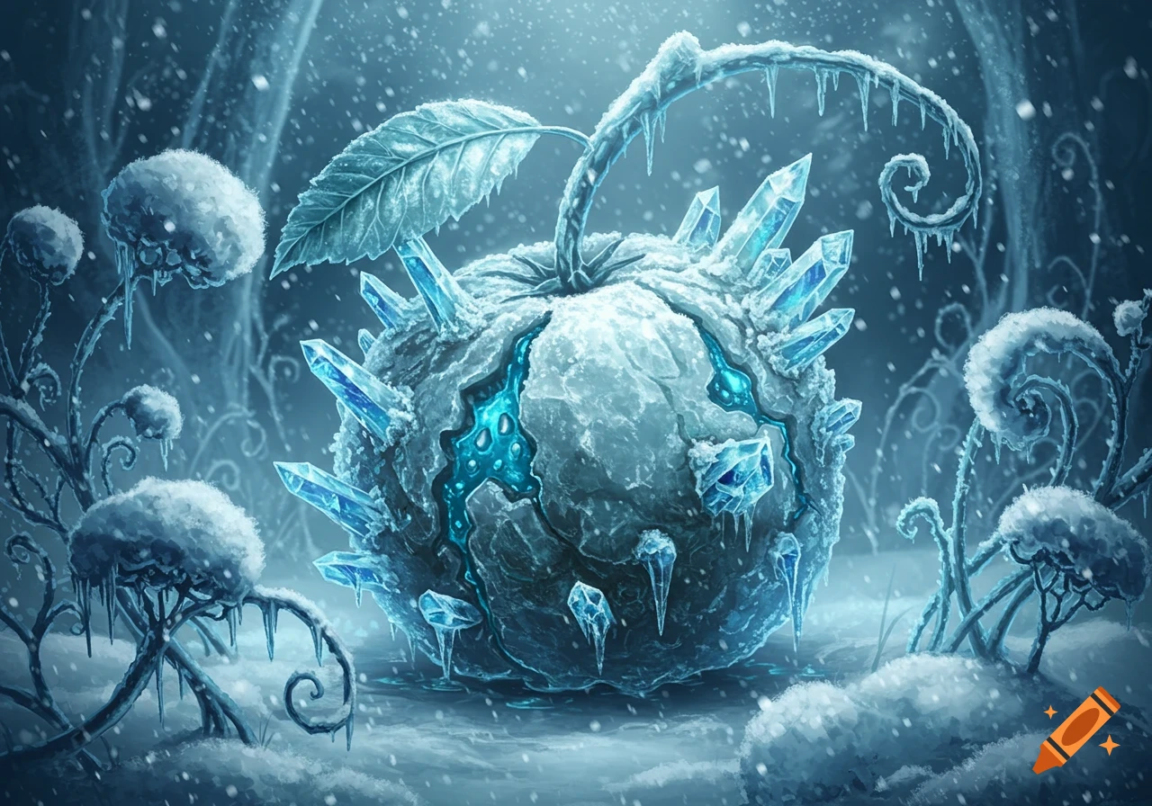 A fantastical icy fruit covered in snow and glowing blue crystals, in a snowy, magical forest with snowy plants.