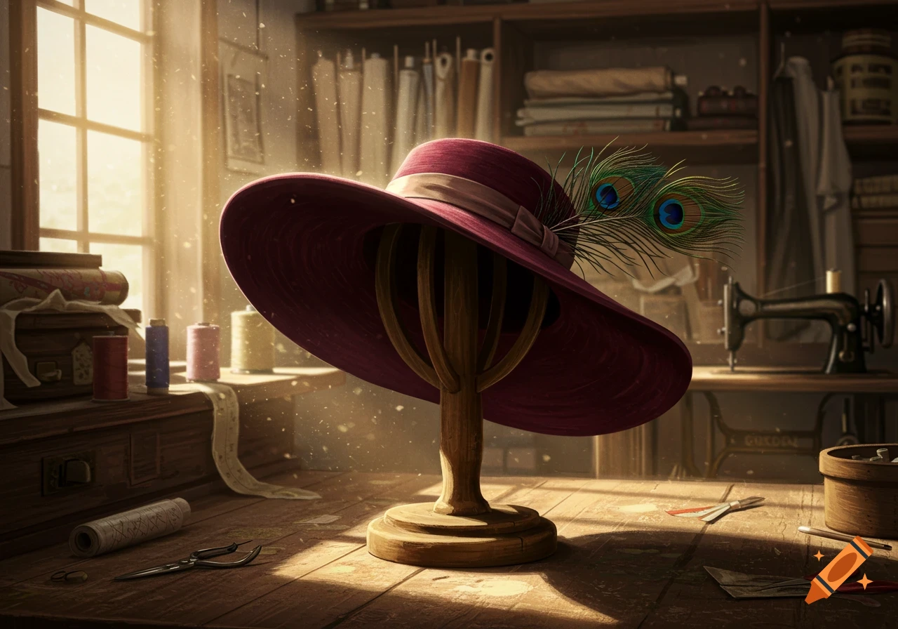 A wide-brimmed burgundy hat with peacock feathers sits on a wooden stand in a sunlit tailor's workshop, surrounded by sewing supplies.