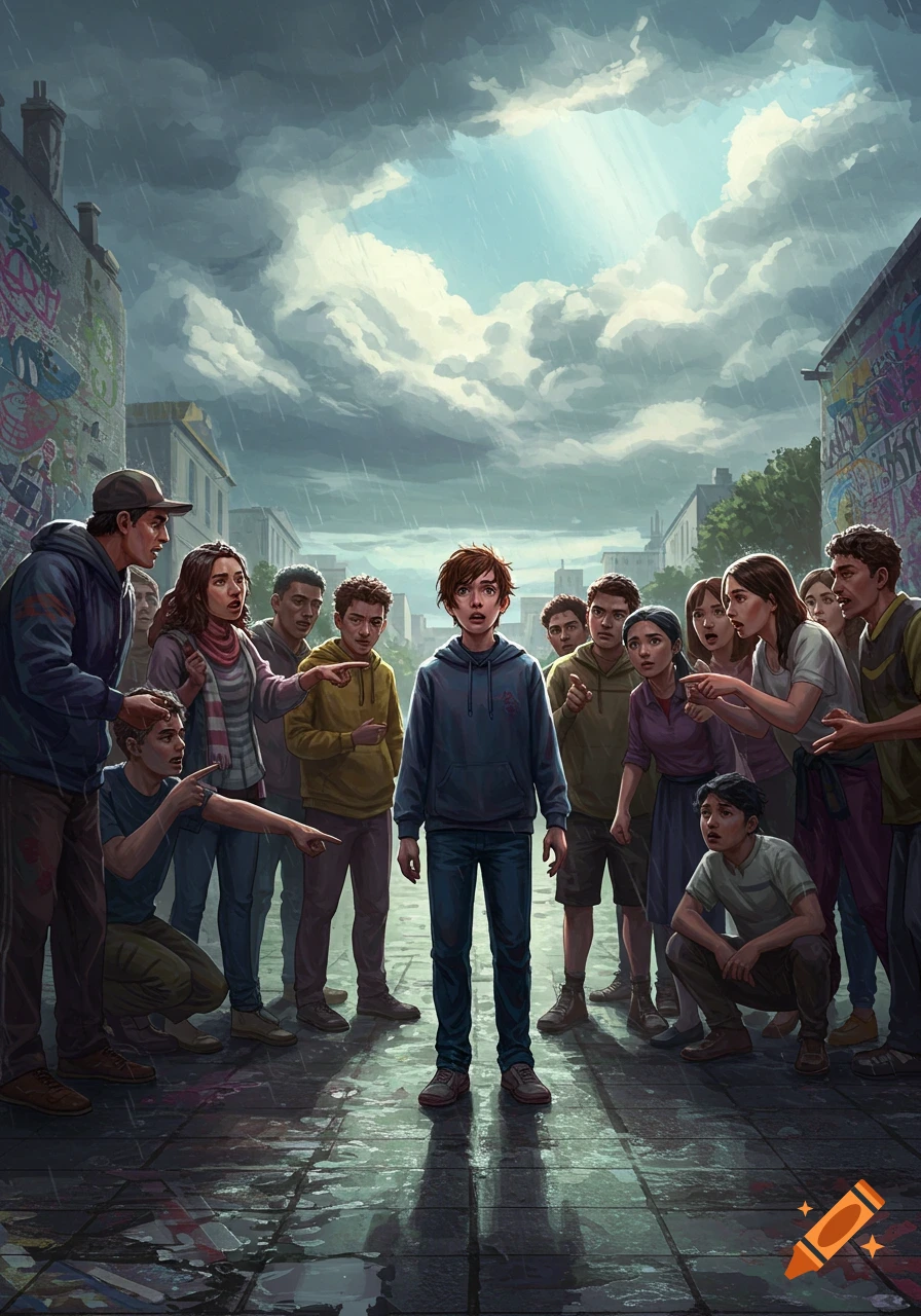 Illustration of a central person being pointed and yelled at by a crowd on a wet urban street under a dramatic, rainy sky with a sunbeam.