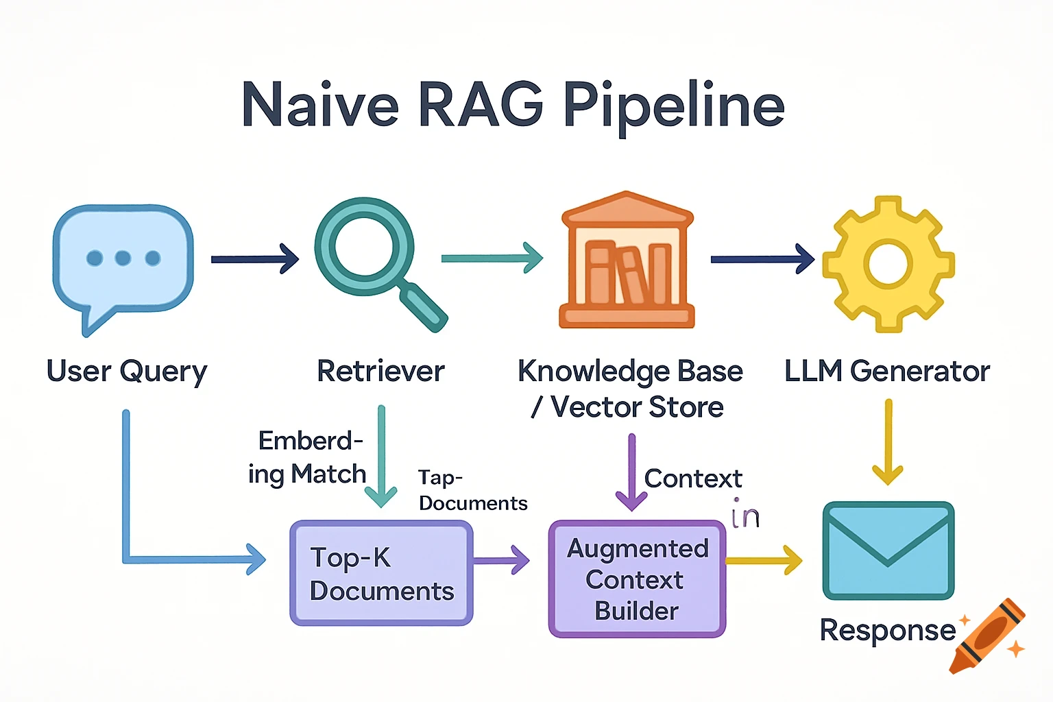 A flow diagram illustrating the 'Naive RAG Pipeline' from user query to response, showing stages like Retriever, Knowledge Base, and LLM Generator.
