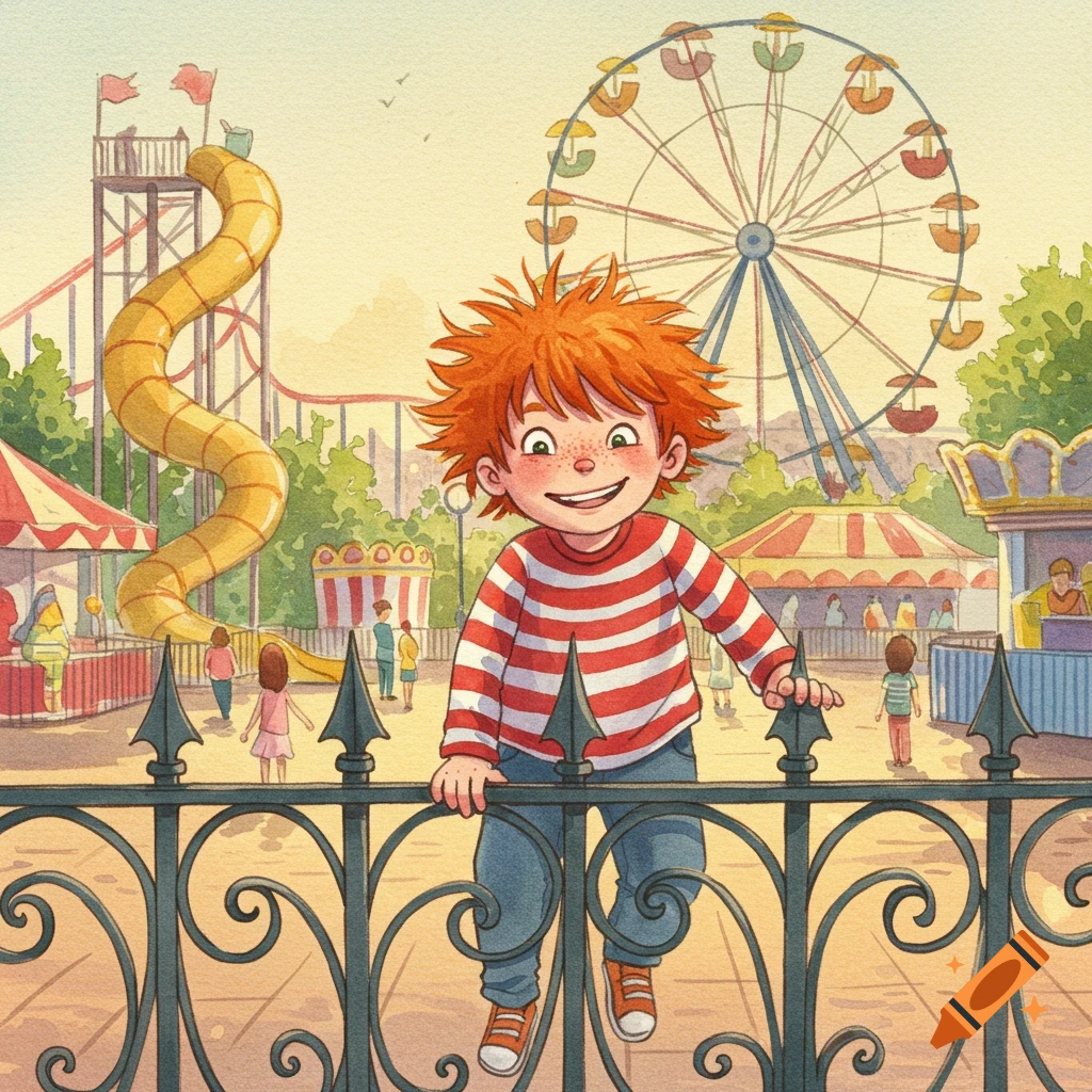 A happy, mischievous red-haired boy in a striped shirt hangs on a fence at a colorful watercolor amusement park.