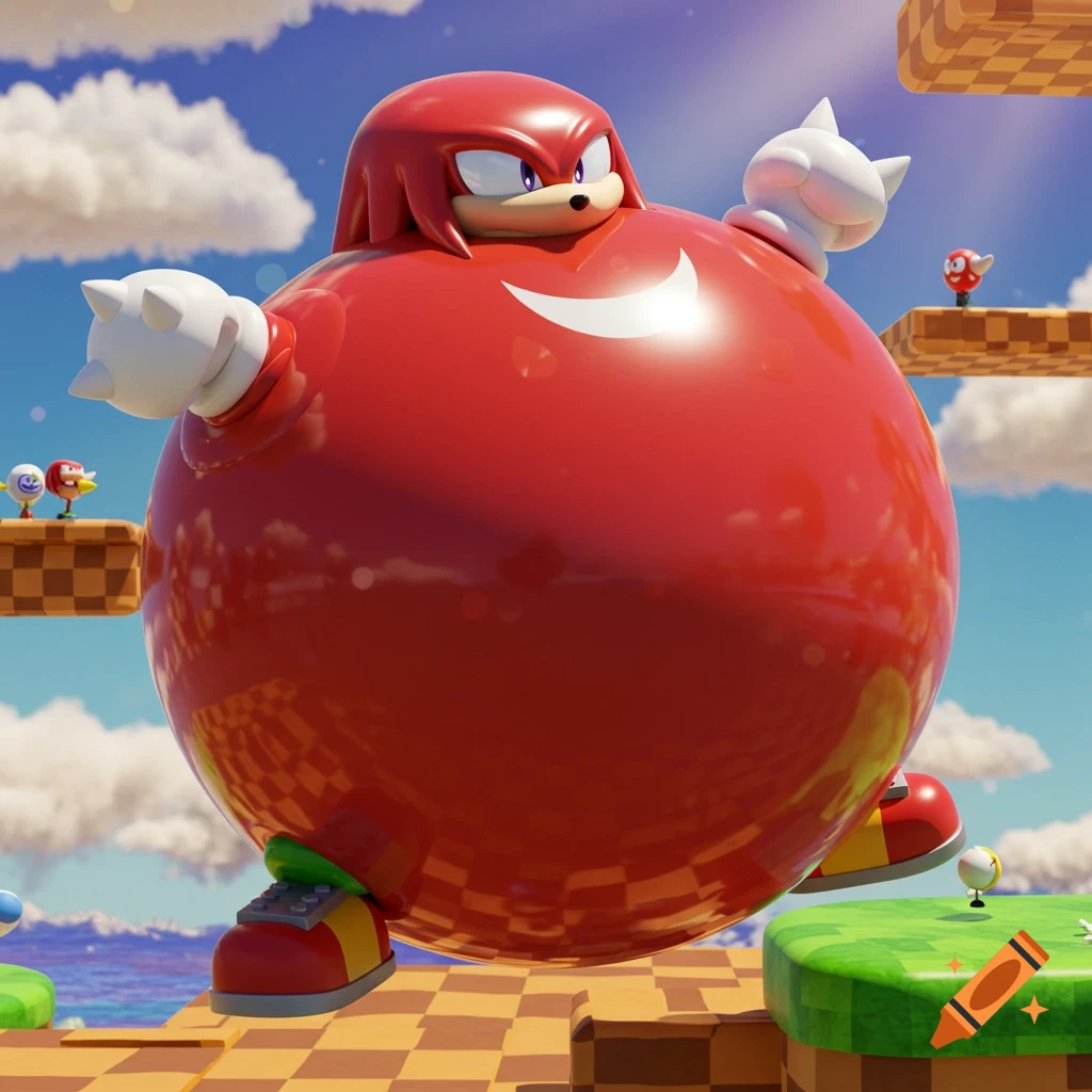 An overinflated, spherical Knuckles the Echidna floats above checkerboard platforms in a bright, cartoonish video game world.