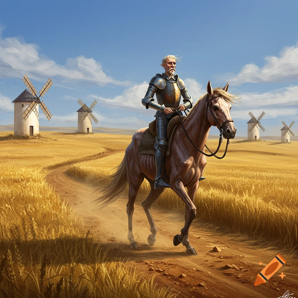 An illustration of Don Quixote in armor on a horse, riding through a golden field with windmills under a blue sky.