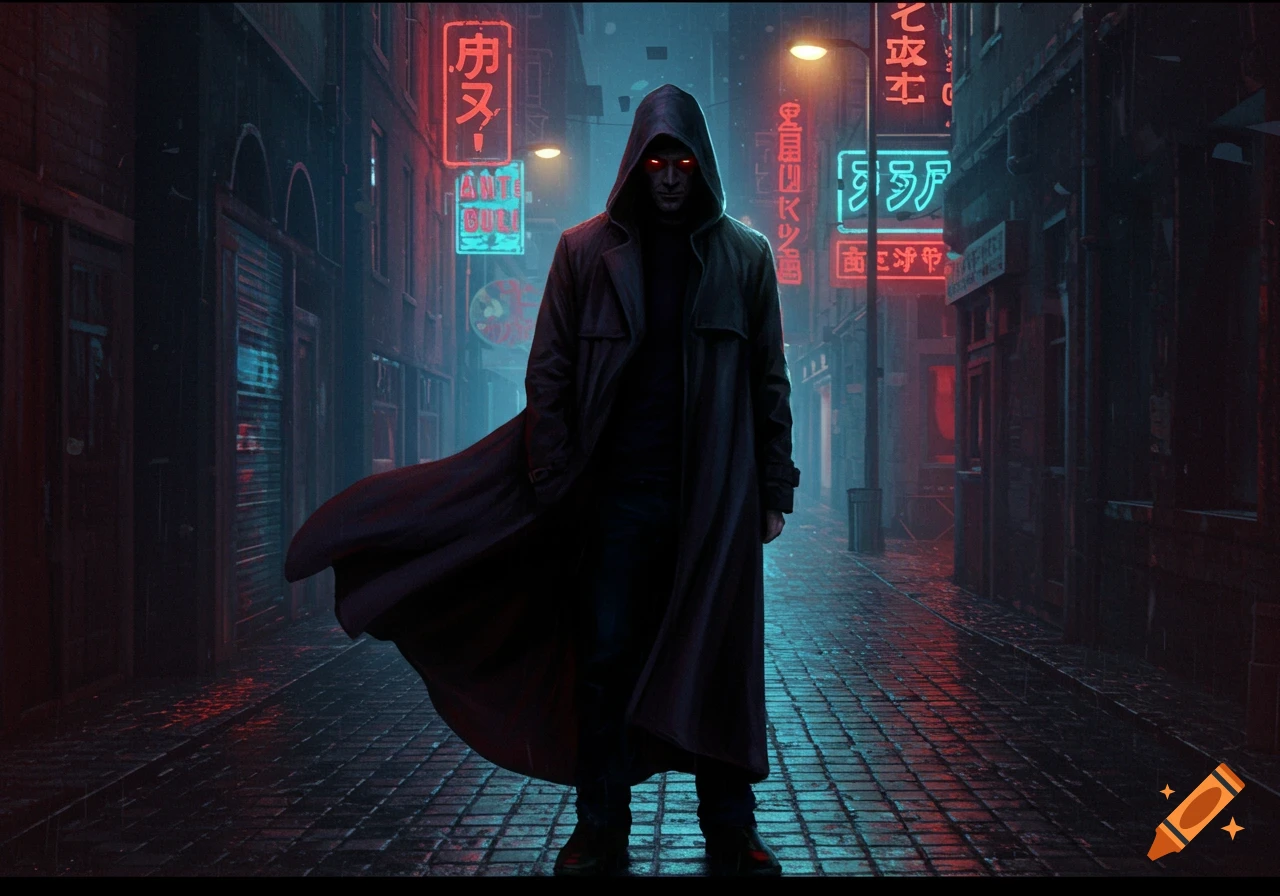 A mysterious hooded figure with glowing red eyes stands in a dark, rainy cyberpunk alley illuminated by red and blue neon signs.