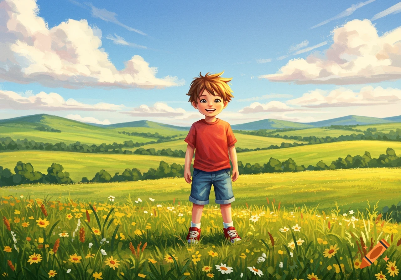 A smiling cartoon boy in a red shirt and blue shorts stands in a vibrant green field filled with wildflowers under a blue sky with fluffy clouds.
