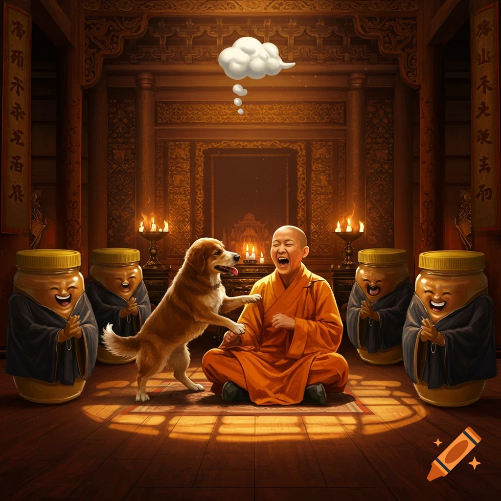 A golden retriever 'tickles' a laughing monk in a temple, surrounded by laughing robed peanut butter jars, with a thought cloud.