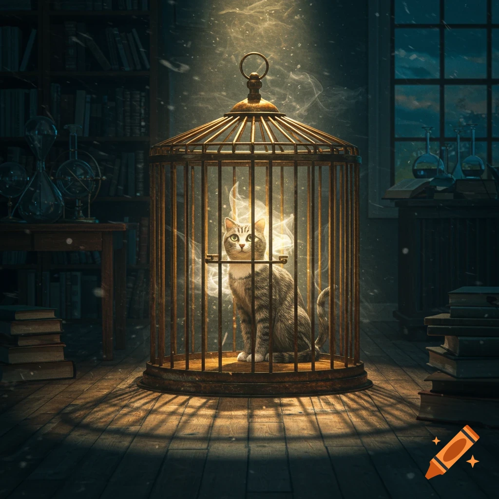 A tabby cat sits inside a golden birdcage in a magical, dimly lit library, surrounded by glowing smoke.
