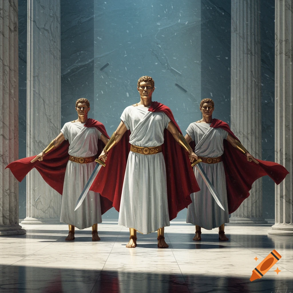 Three Roman warriors in white togas, red cloaks, and gold armor stand with swords in a classical columned hall.
