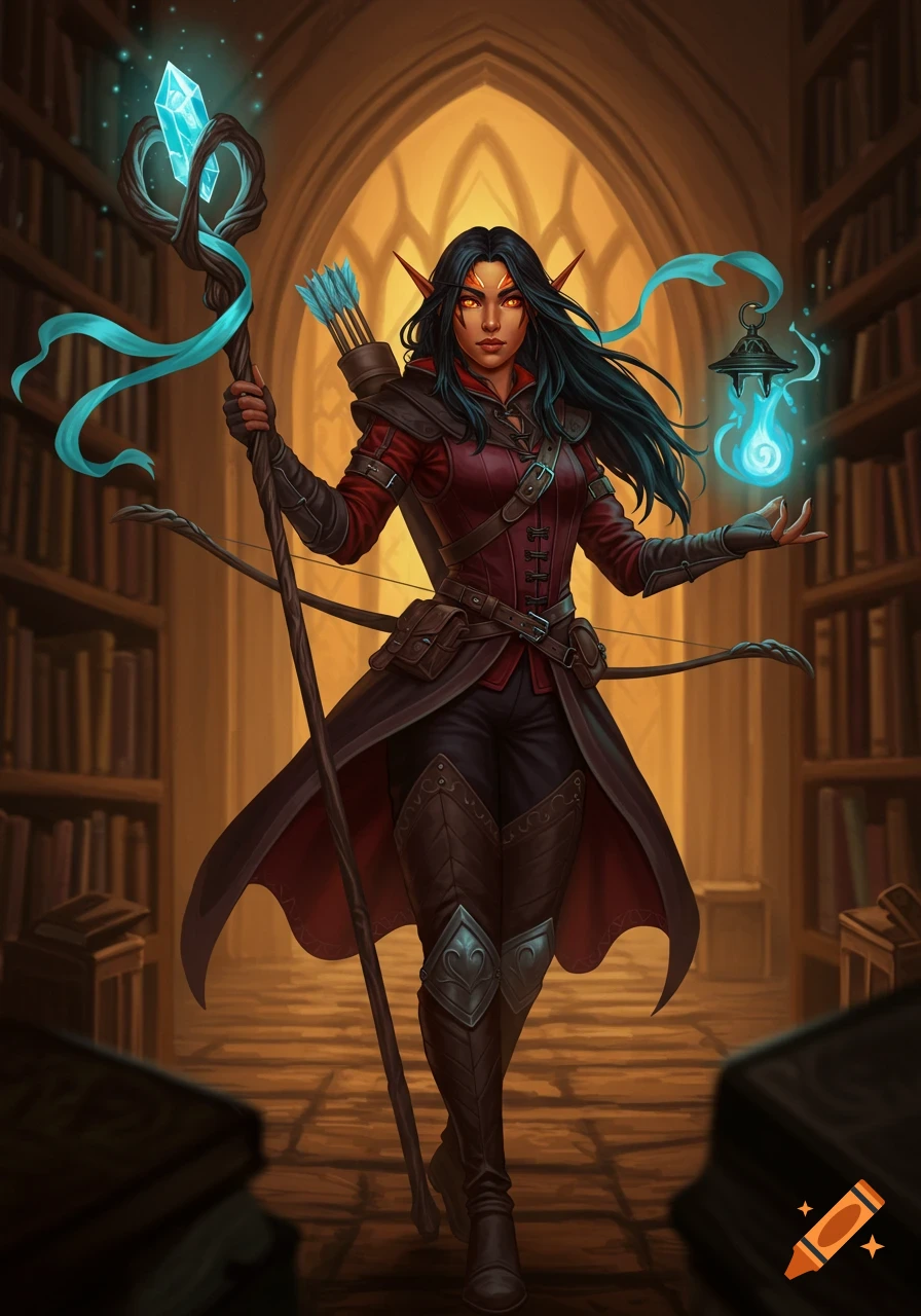 A female elf with orange eyes, black hair, and a red and black outfit stands in a library, holding a staff with a blue crystal and a glowing blue lantern.