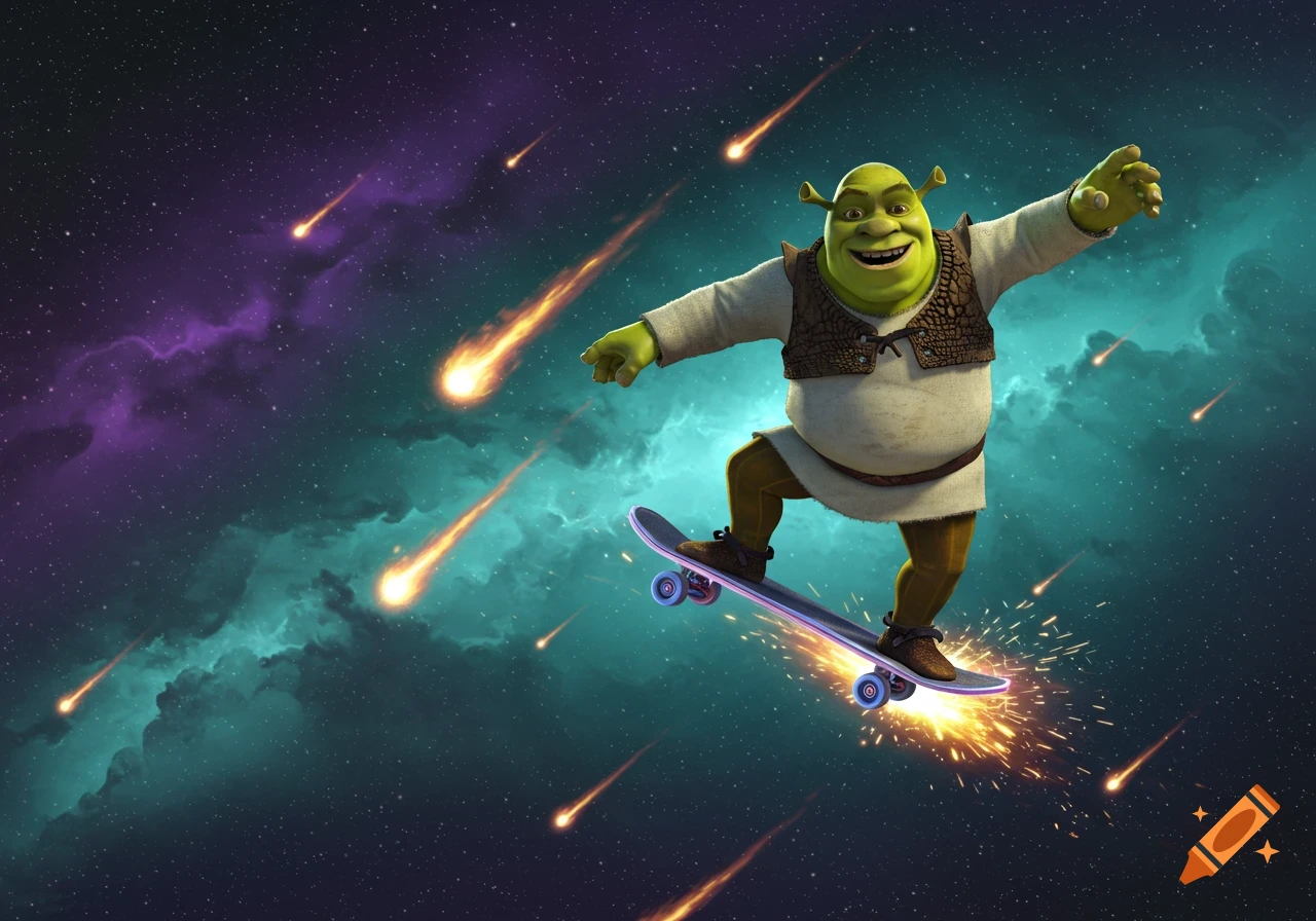 Shrek grins while skateboarding through space, surrounded by bright meteors and colorful nebulae.