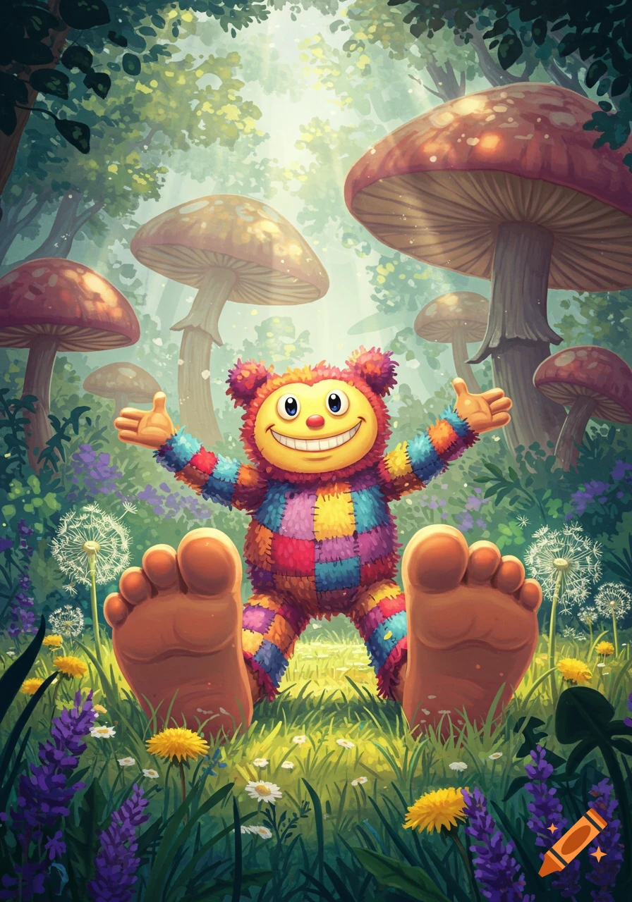 A colorful patchwork creature with large feet stands smiling in a whimsical forest with giant mushrooms and wildflowers.