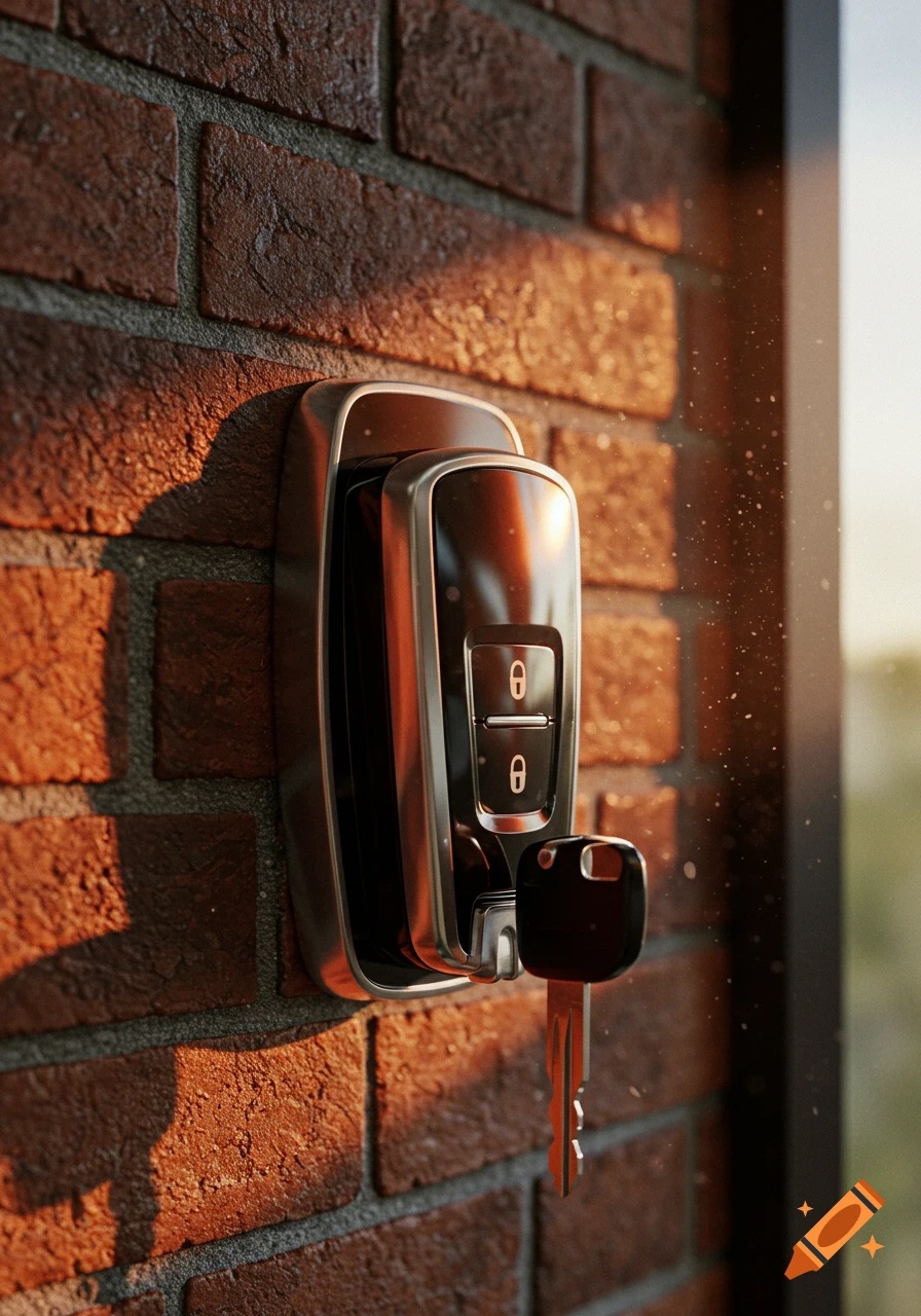 Photorealistic car key holder on a brick wall, with a car key hanging, bathed in warm sunlight.