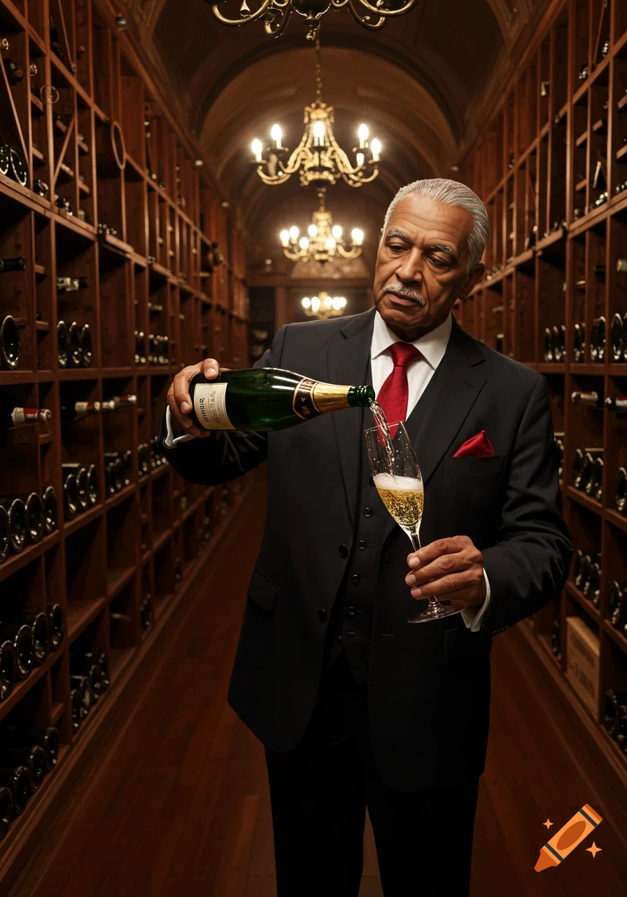 An elegantly dressed sommelier pours champagne into a flute glass in a well-lit, ornate wine cellar.