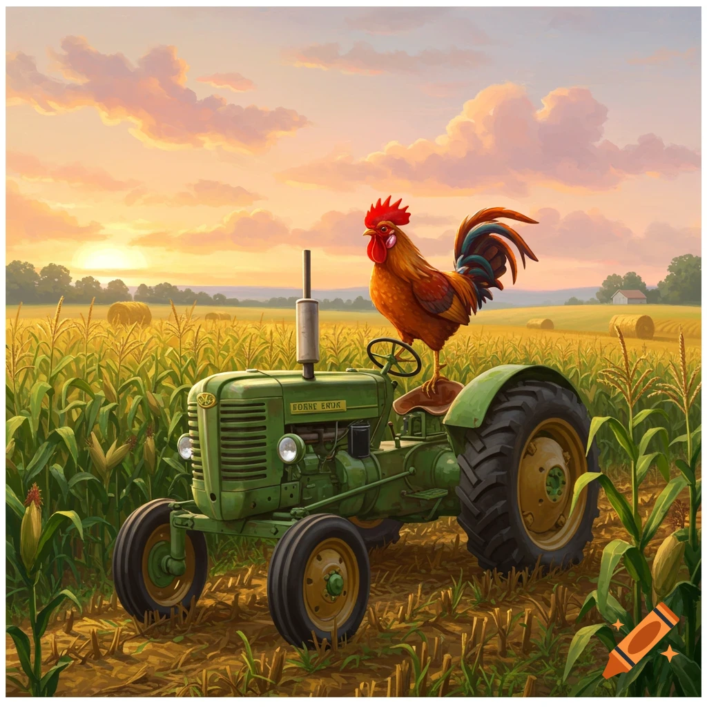 Stylized illustration of a rooster standing on a green vintage tractor in a golden cornfield at sunset.