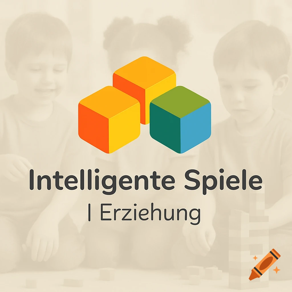 A logo with orange, yellow, green, and blue 3D blocks above the text 'Intelligente Spiele | Erziehung' on a faded background of children.