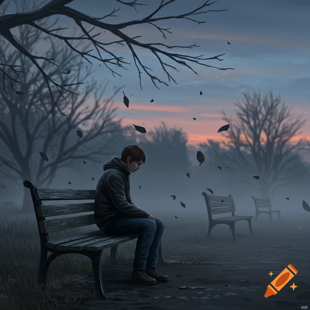 A lonely person sits on a park bench under a bare tree at dusk, surrounded by falling leaves and mist. Digital art.