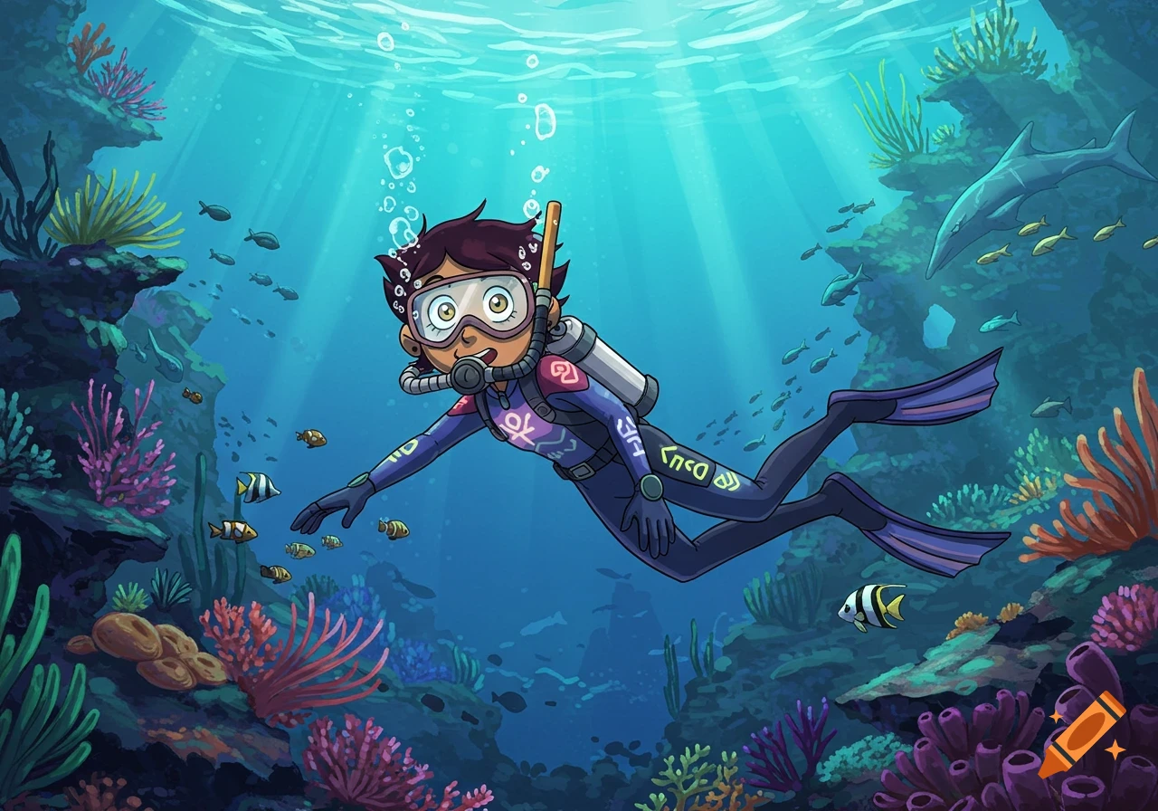 Cartoon character Luz Noceda scuba diving in a vibrant coral reef, surrounded by fish and sunlight filtering through the water.