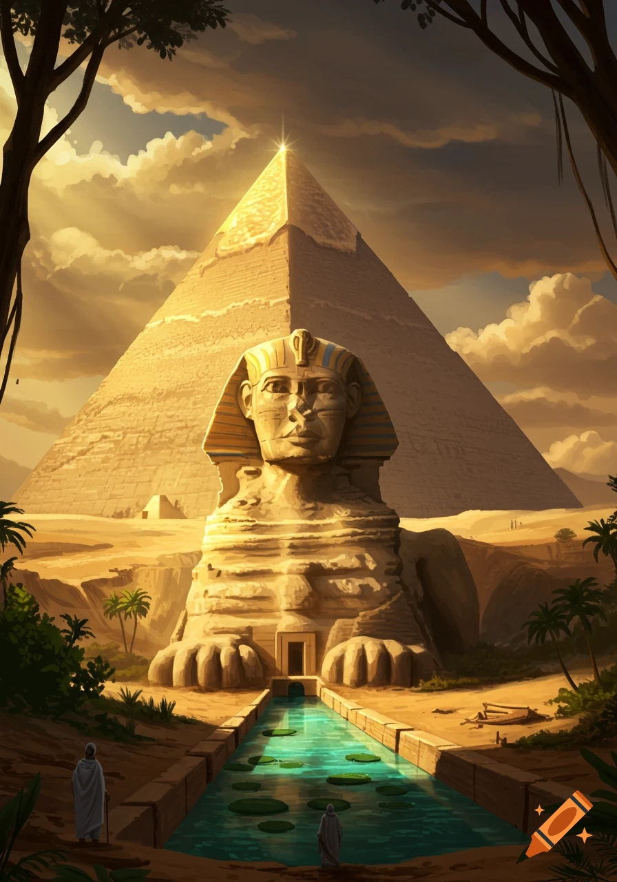 An ancient Egyptian landscape with a human-headed sphinx in front of a pyramid, with a golden tip, under a golden sky. A canal flows towards the sphinx, flanked by sparse greenery and two robed figures. Stylized.