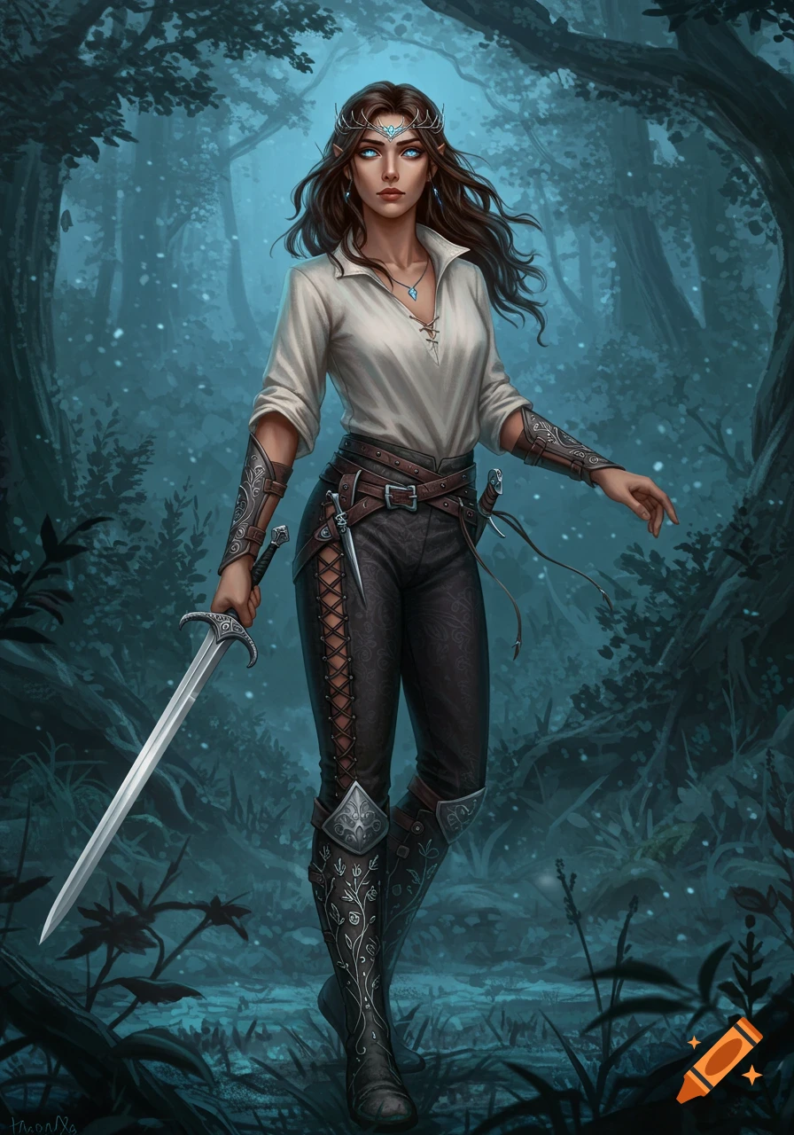 A young elf woman with long brown hair, glowing blue eyes, and a silver diadem, holding a sword in a mystical forest.