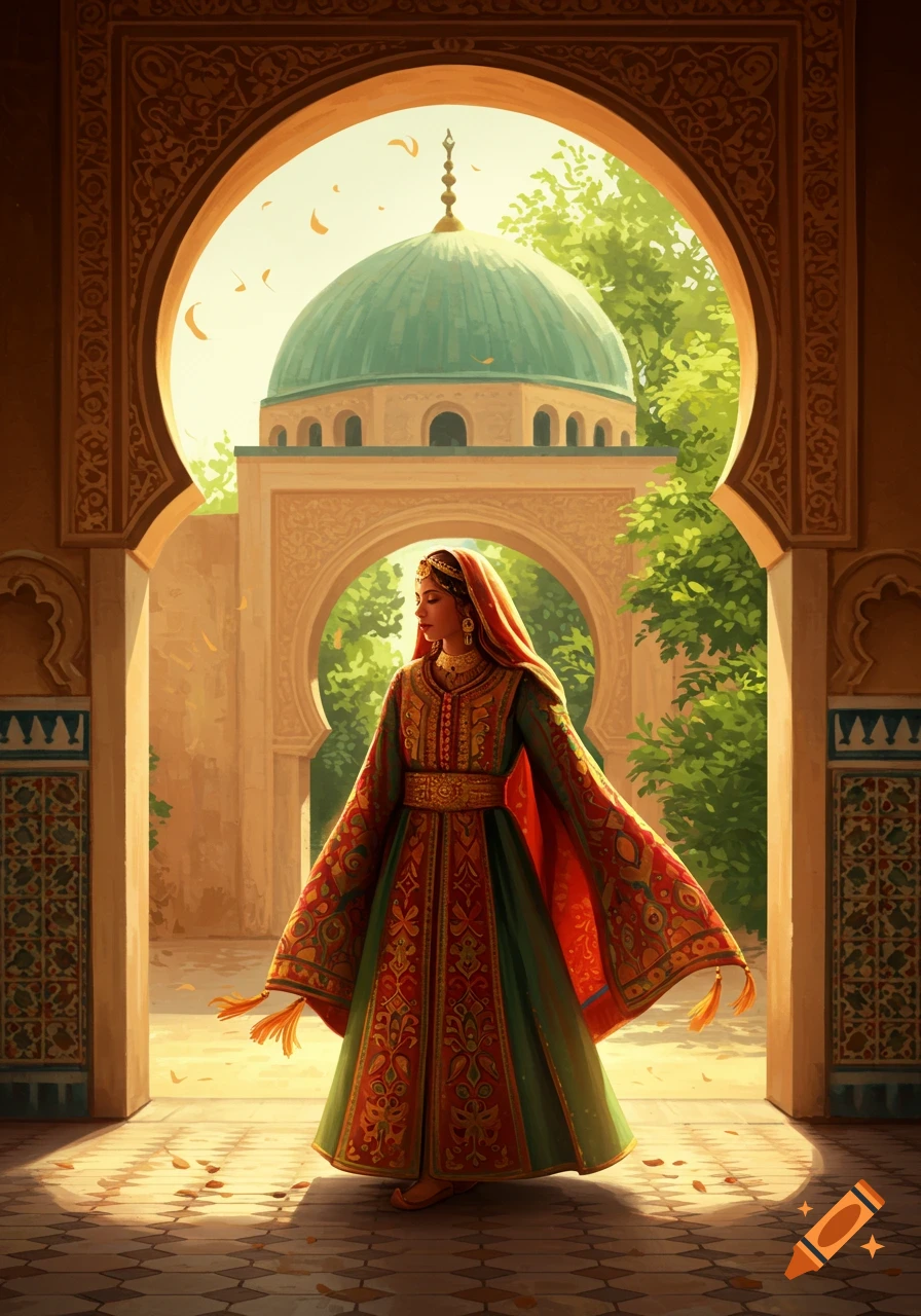 A woman in a green and red ornate traditional dress stands in an arched courtyard with a domed building in the background.