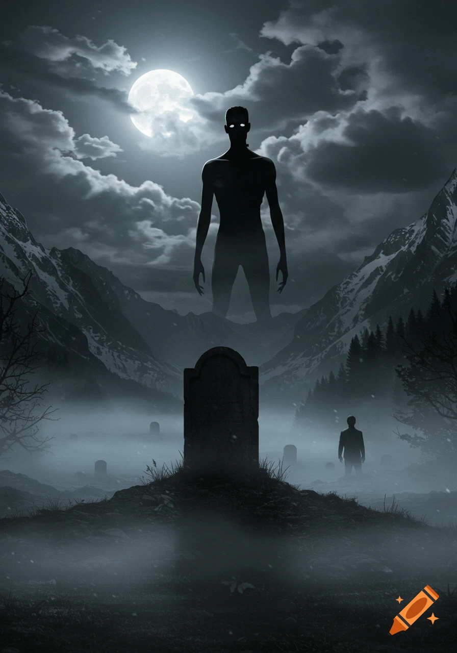 A giant, shadowy monster with glowing eyes overlooks a foggy graveyard in a snowy mountain valley under a full moon, with a lone figure near a tombstone.