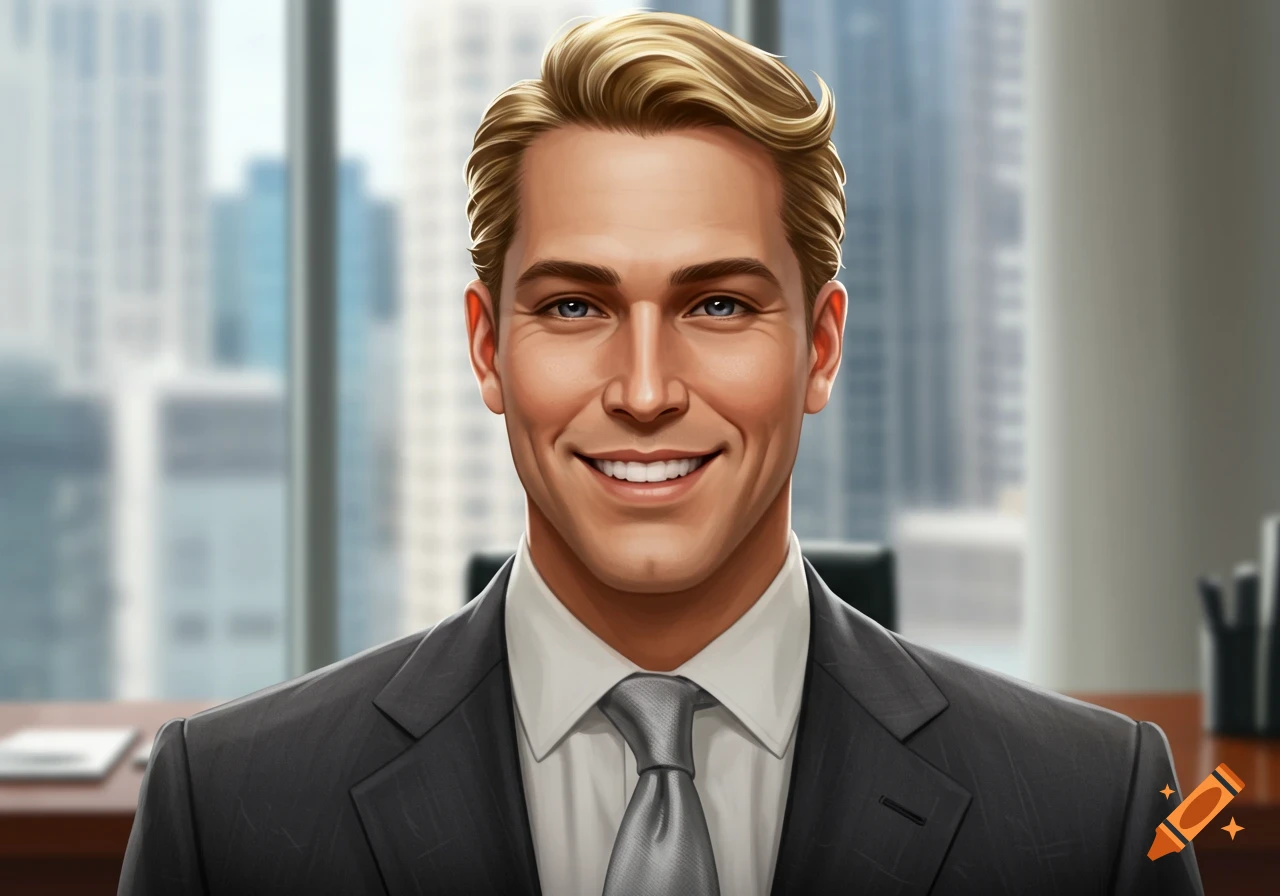 A stylized portrait of a smiling blonde man in a business suit, with a blurred office background.