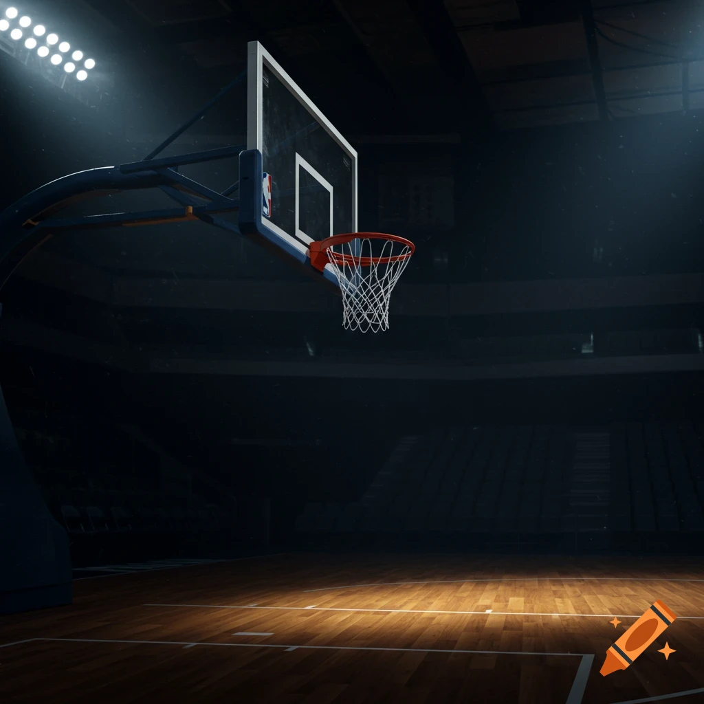 A basketball hoop stands on a wooden court in a dimly lit professional arena, illuminated by bright spotlights.