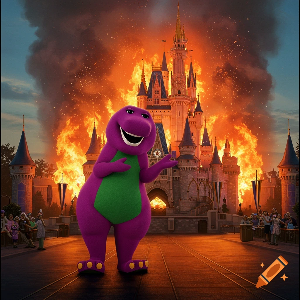 Barney the Dinosaur smiles, posing in front of a burning Disney-style castle as onlookers watch.