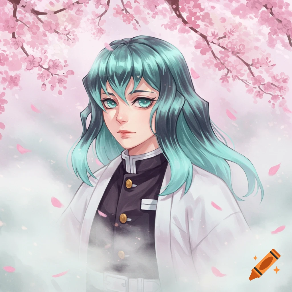 Anime-style portrait of Muichiro with teal hair and blue-green eyes, wearing a black uniform and white haori, surrounded by pink cherry blossoms and mist.