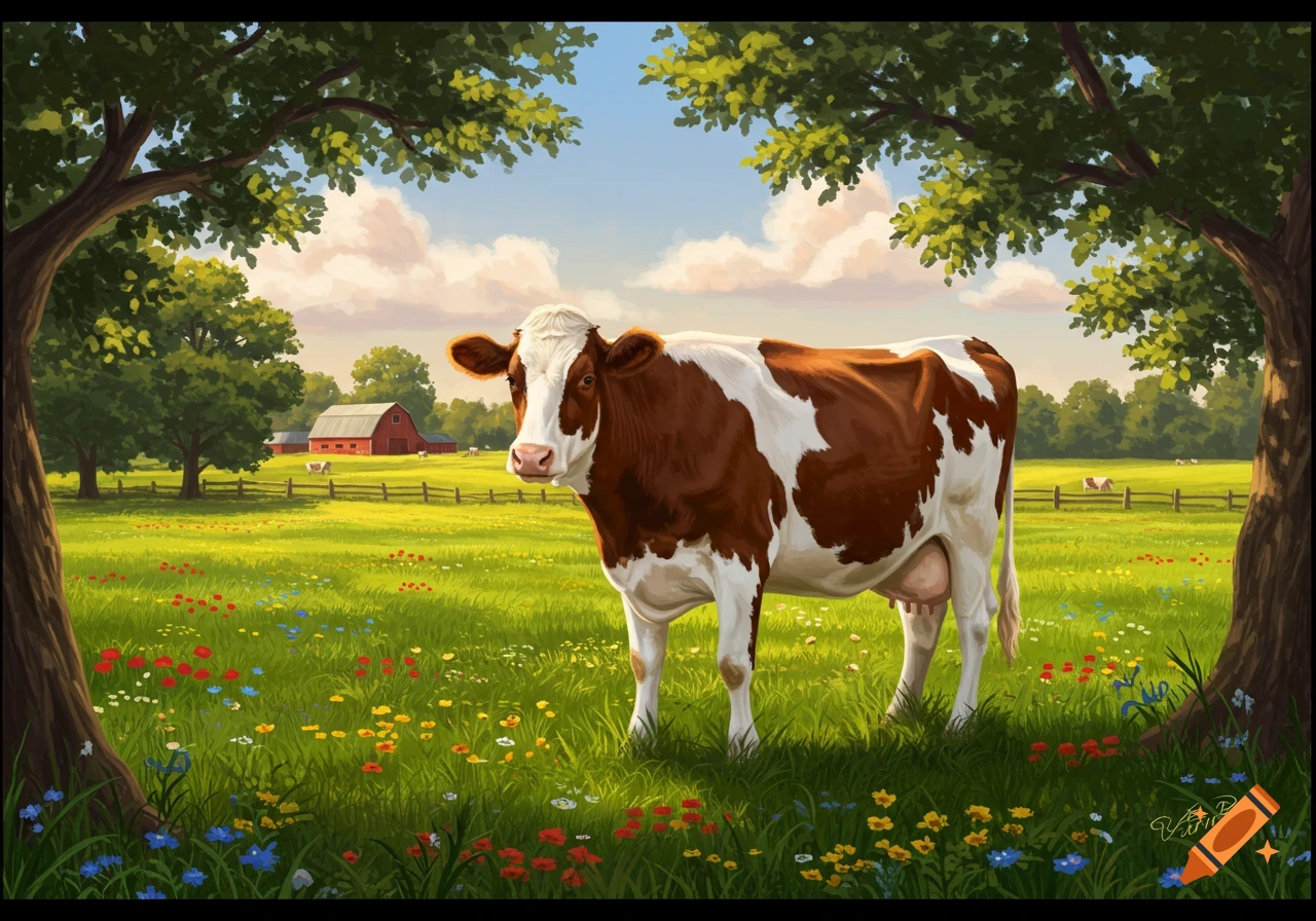 An illustration of a brown and white cow in a green meadow with wildflowers, a red barn, and trees under a blue sky.