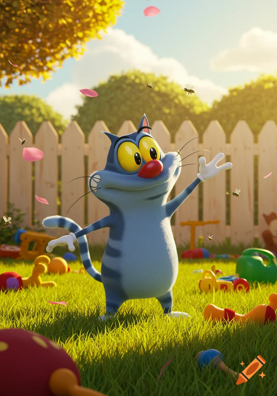 A blue striped cartoon cat with big yellow eyes and a red nose stands in a sunny green garden, reaching out.