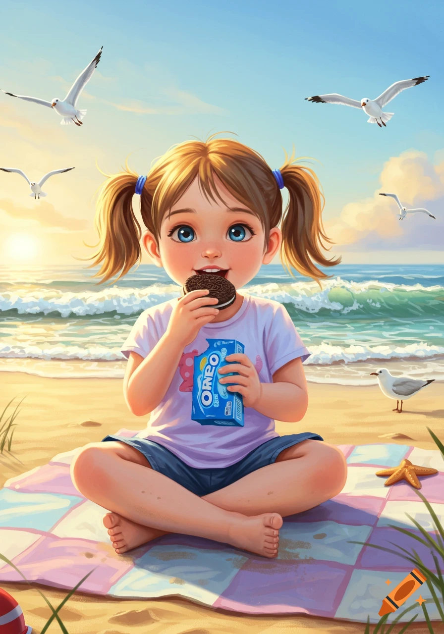 A cute little girl with pigtails sits on a checkered blanket on a sandy beach, happily eating a chocolate sandwich cookie and holding a blue cookie package.