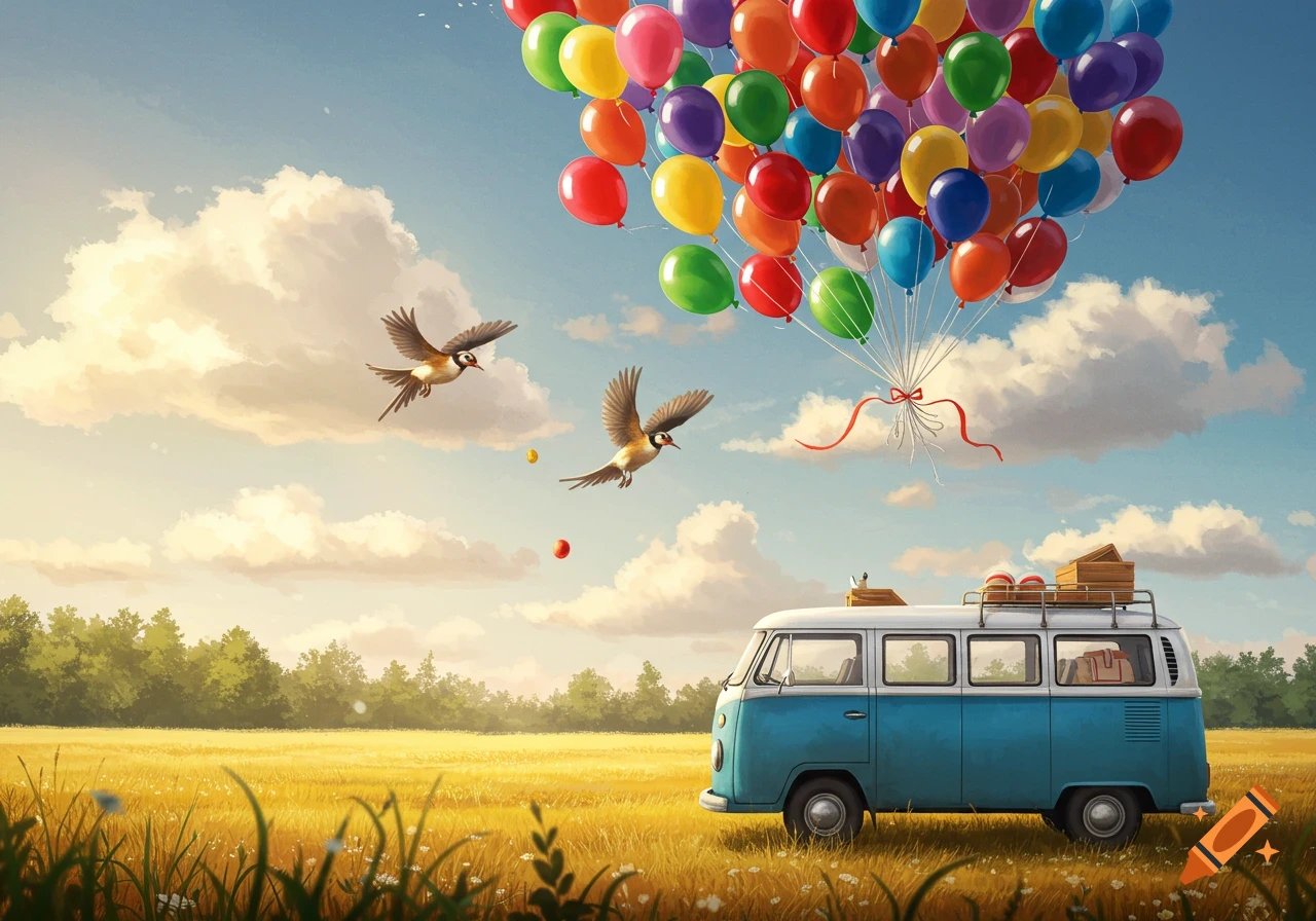 A blue vintage van with a roof rack sits in a golden field under a blue sky, beneath a large cluster of colorful balloons. Two birds fly nearby.