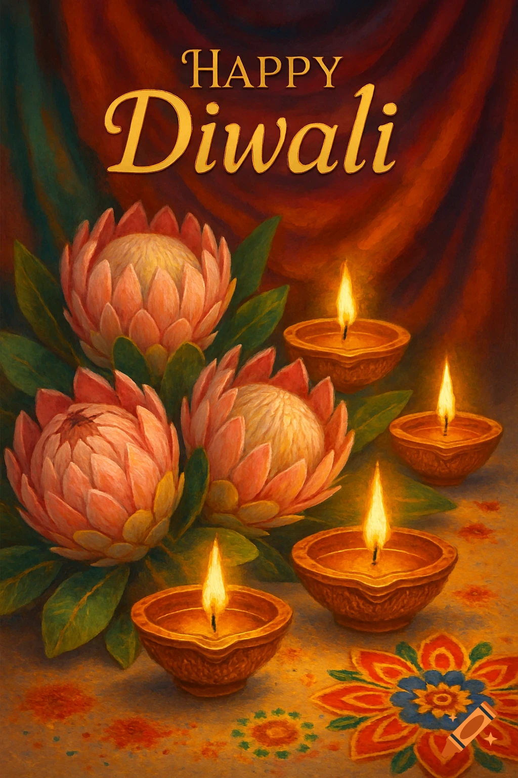 A vibrant painting of 'HAPPY Diwali' text above three pink protea flowers, four glowing clay lamps, and colorful rangoli patterns.