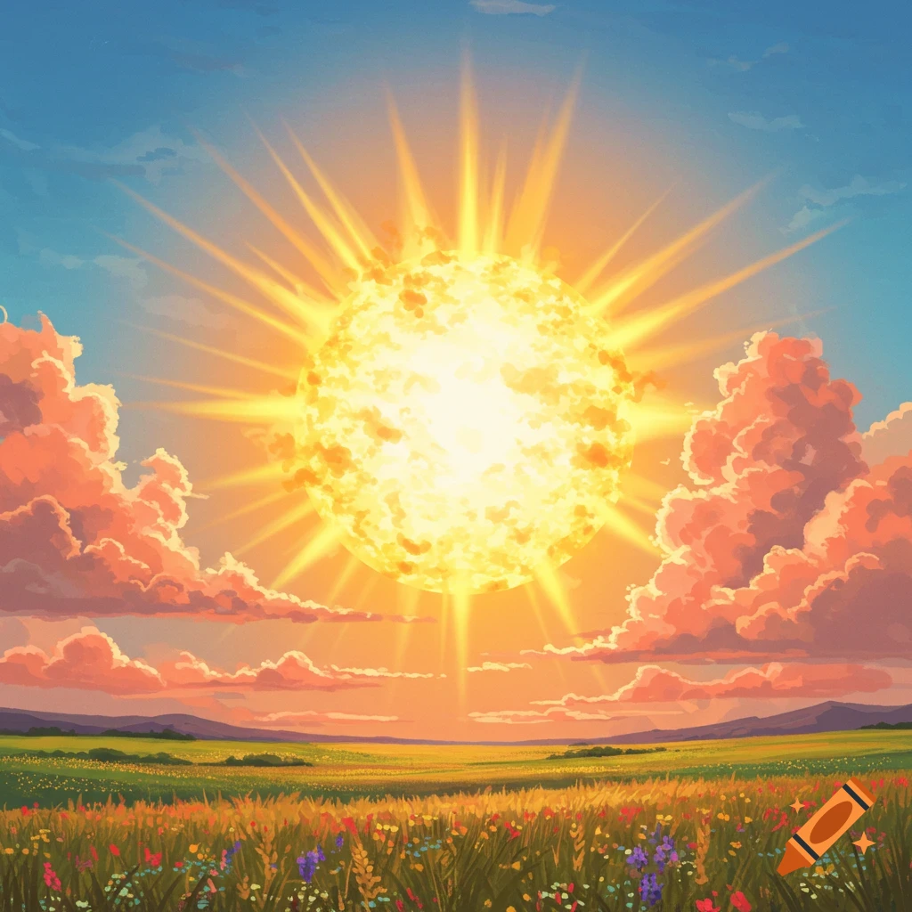 A vibrant, stylized sun shines brightly over a colorful field with distant hills under a blue and orange sky.