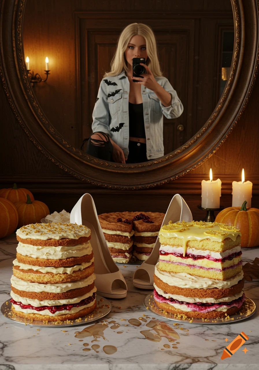A blonde woman takes a mirror selfie in a vintage room with candles and pumpkins, surrounded by stacked cakes and high heels. Photorealistic.