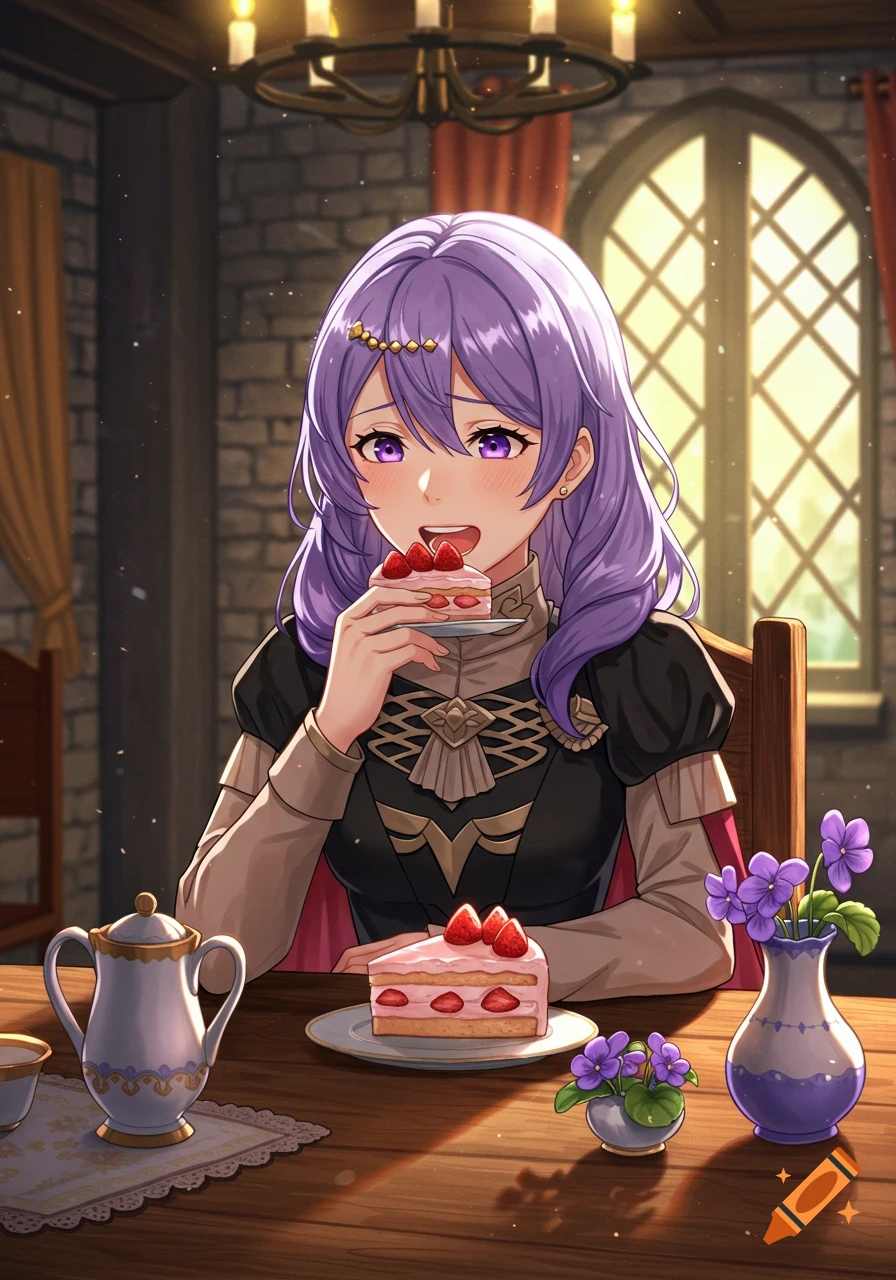 An anime girl with purple hair happily eats a slice of strawberry cake at a wooden table, with a teapot and flowers nearby.