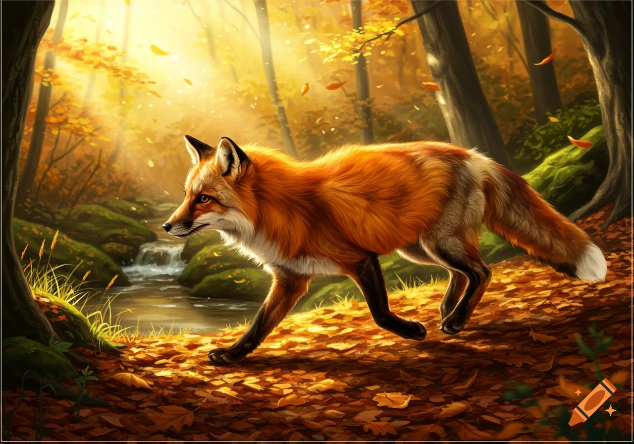 A vibrant red fox walks through a sunlit autumn forest with falling leaves and a stream in the background, digital painting.
